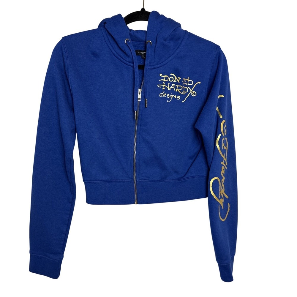 Ed Hardy Hoodie Womens Large Blue Cropped Full Zip Tiger Graphic Streetwear Y2K